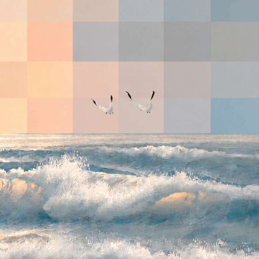Detail: zwei ungepixelte Möwen vor dem Blockhimmel